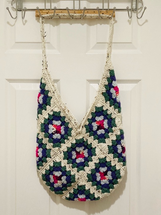 Handmade Handbags - Handmade Crochet Granny Square Boho Shoulder Bag in Cream, Green & Blue